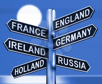 England France Germany Ireland Signpost Shows Europe Travel Tourism 3d Illustration