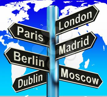 London Paris Madrid Berlin Signpost Shows Europe Travel Tourism 3d Illustration