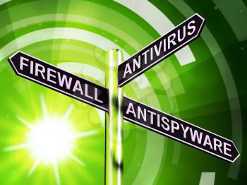 Firewall Antivirus Antispyware Signpost Shows Internet 3d Illustration