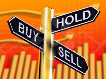 Buy Hold And Sell Signpost Represents Stocks 3d Illustration