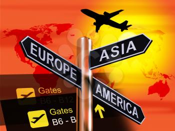 Europe Asia America Signpost Shows Continents For Travel 3d Illustration