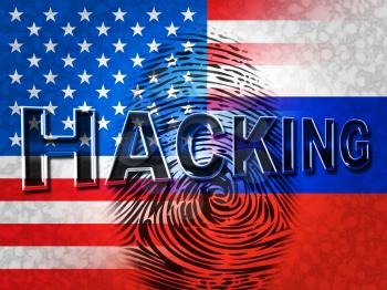 Russia Usa Flag And Fingerprint Showing Hacking 3d Illustration