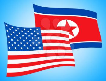 North Korea And United States Flying Flags 3d Illustration. Shows Trade Or Peace And Threat Between Pyongyang And Us