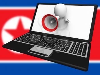 Propaganda Megaphone Laptop From North Korea 3d Illustration. Misinformation And Misleading News Hoax Manipulation From Kim Jong Un Online