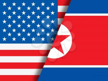 North Korea And United States Split Flag 3d Illustration. Shows Talks Or Sanctions And War Between Pyongyang And Usa