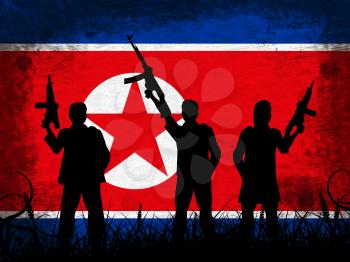 North Korea Army And Flag 3d Illustration. Korean Infantry Warfare Or Battle Force Weapons For Battle By Kim Jong Un