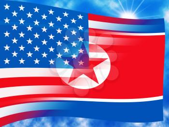 North Korea And United States Waving Flag 3d Illustration. Shows The Threat Or Security And Friendship Between Kim Jong Un And Trump