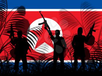 North Korea Military Soldiers And Flag 3d Illustration. Korean Infantry Confrontation Or Battle Force Weapons For Kim Jong Un
