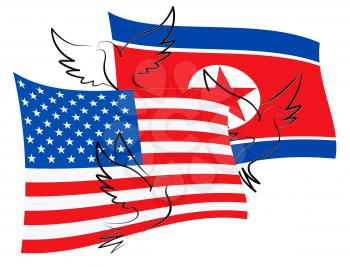 United States North Korean Peace Doves 3d Illustration. Pacifist Freedom And Denuclearization Accord Between Trump And Kim Jong Un Dprk Cooperation Talks
