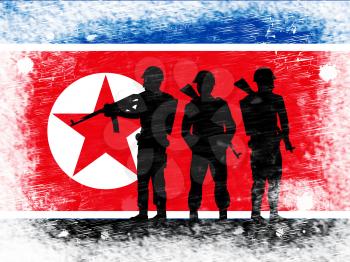 North Korean Military And Flag 3d Illustration. DPRK Infantry Mission Or Battle Force Combat For Conflict By Kim Jong Un
