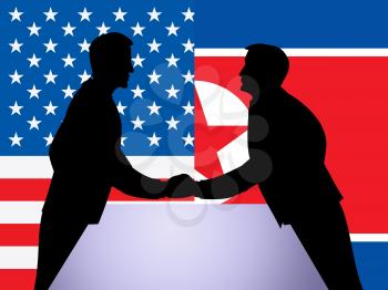 North Korean And US Diplomatic Hand Shake 3d Illustration. Conflict Or Crisis And Nuclear Talks Diplomacy Between Kim Jong Un And President Donald Trump