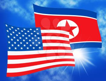 North Korea And American Flag 3d Illustration. Shows The Deal Or Risk And Friendship Between Kim Jong Un And US