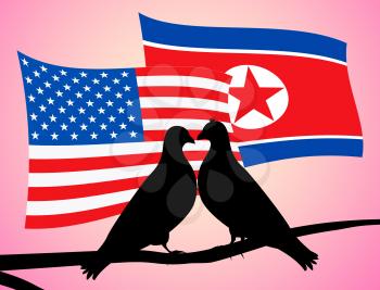 Usa North Korean Peace Doves Flags 3d Illustration. Pacifist Freedom And Denuclearization Accord Between Trump And Rocket Man Crisis Talks