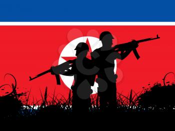 North Korean Military Soldiers At Night 3d Illustration. Korea Infantry Confrontation Or Missions Force Weapons For Kim Jong Un