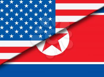 North Korea And United States Overlap Flag 3d Illustration. Shows Crisis Or Diplomacy And Friendship Between Pyongyang And Usa