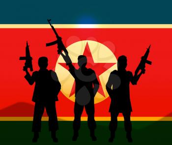 North Korea Soldiers And Flag 3d Illustration. Korean Infantry Warfare Or Battle Force Weapons For Conflict By Kim Jong Un