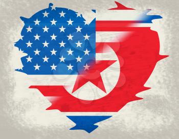North Korea And American Diplomacy Flag 3d Illustration. Shows The Sanctions Or Peace And War Between Pyongyang And Usa