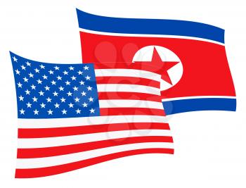 North Korea And United States Talks Flags 3d Illustration. Shows The Diplomacy Or Defense And Friendship Between Pyongyang And Usa