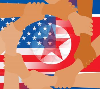 Usa North Korean Peace Hands Flags 3d Illustration. Pacifist Freedom And Denuclearization Accord Between US And Rocket Man Crisis Talks