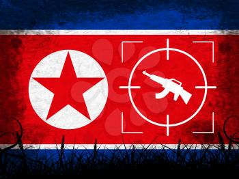 North Korea Military And Flag 3d Illustration. Korean Infantry Confrontation Or Battle Force Weapons For Battle By NK