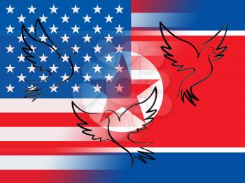 United States North Korea Peace Doves 3d Illustration. Pacifist Freedom And Denuclearization Accord Between  US And NK Dprk Crisis Talks