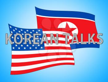 North Korean Talks Flags In Singapore 3d Illustration. Conflict And Accord To Build Peace With US