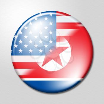 North Korea And American Badge 3d Illustration. Shows The Talks Or Peace And Agreement Between Pyongyang And Usa