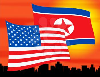 North Korea And United States Flags Flying 3d Illustration. Shows The Economy Or Peace And Deals Between Pyongyang And US