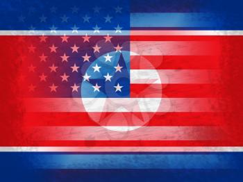 North Korean And United States Grunge Flag 3d Illustration. Shows The Conflict Or Peace And Friendship Between Pyongyang And Usa