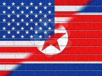 North Korean And United States Trade Flag 3d Illustration. Shows The Talks Or Threat And Risk Between Pyongyang And Usa
