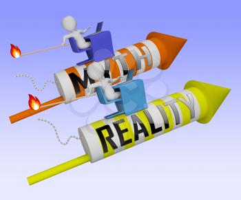 Myth Vs Reality Rockets Demonstrating Authenticity Versus False Facts. Integrity And Honesty Compared With Lies - 3d Illustration
