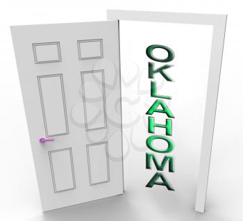 Oklahoma Home Real Estate Doorway Depicts Realty And Rentals. Apartment Or House Buying Broker Downtown - 3d Illustration