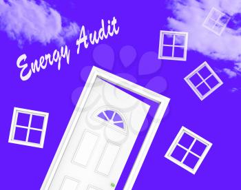 Home Energy Audit Door Shows Saving Power And Reducing Costs. Conservation Of Electricity And Heat Evaluation - 3d Illustration
