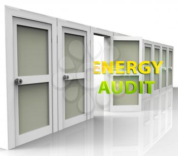 Home Energy Audit Door Represents Inspection To Save Power And Money. Building Electric Consumption And Effective Insulation - 3d Illustration