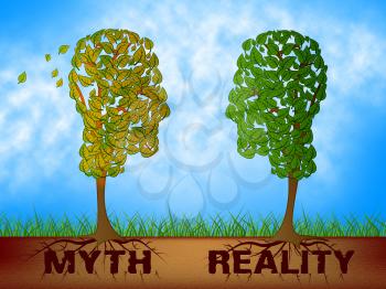 Myth Versus Reality Words Showing False Mythology Vs Real Life. Truth And Sincerity Against Fantasy - 3d Illustration