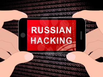 Telephone Hacker Web Espionage Alert 3d Illustration Shows Russian Internet Server Breach. Cybersecurity Protection From Russian Hackers Against American Cellphones Or Smartphones.