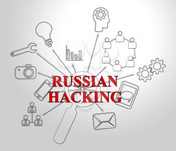 Russian Hacker Moscow Spy Campaign 2d Illustration Shows Ballot Vote Breach Alert Against Us Elections. Digital Online Hackers And Spying Warning