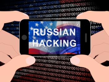 Telephone Hacker Web Espionage Alert 3d Illustration Shows Russian Internet Server Breach. Cybersecurity Protection From Russian Hackers Against American Cellphones Or Smartphones.