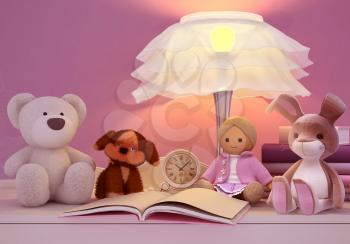 Children's toys, books, clock, the lamp are located on a table.