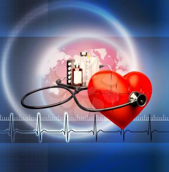 Medical background. Red heart and a stethoscope on a blue background.