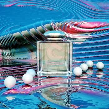 Perfume in a glass bottles and pearl beeds on a color background.