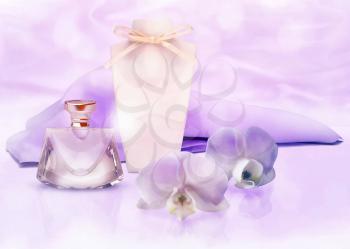 perfume bottle, ribbon and lilac silk scarf with Orchid flowers