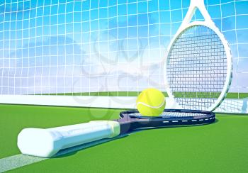 Tennis; racket; tennis grass court, sky