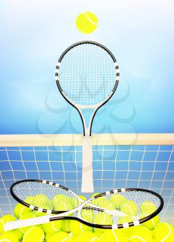 Tennis; rackets; court; sky, spheres; game. 