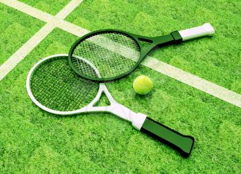 Tennis; rackets; court; grass; game; green.