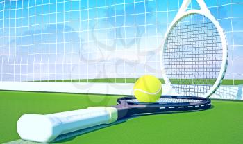 Tennis; racket; tennis grass court, sky