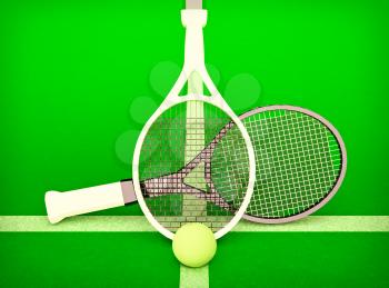 Tennis; rackets; sphere; court; game; green.