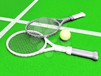 Tennis; rackets; sphere; court; game; green.