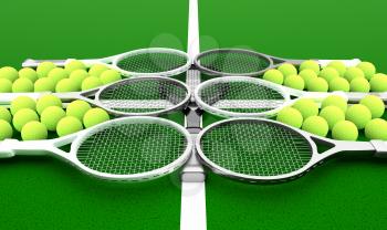 Tennis school. Tennis rackets and balls on a green background.