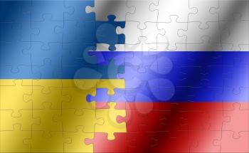 puzzle with the national flag of russia and ukraine on a world map background. 3D illustration